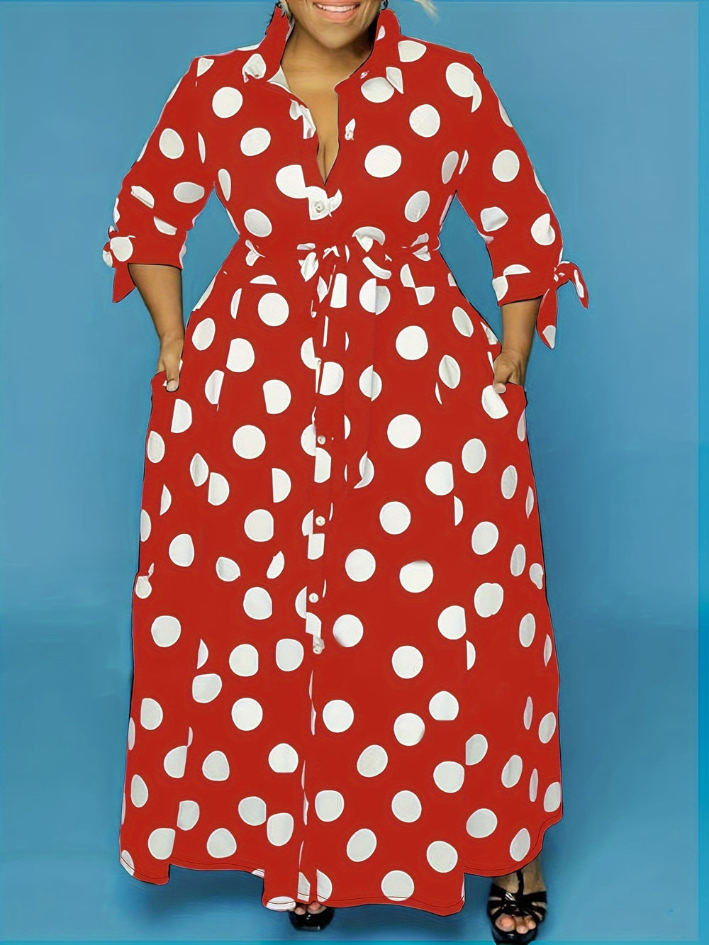 plus size polka dot maxi dress with belt button collar elegant