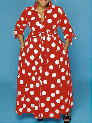 plus size polka dot maxi dress with belt button collar elegant