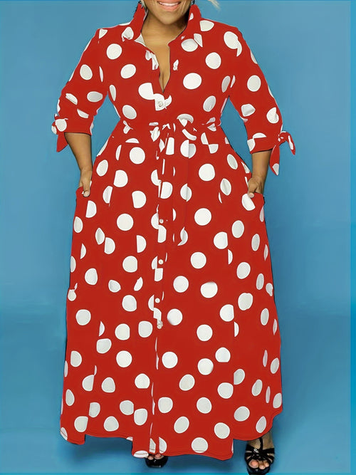 plus size polka dot maxi dress with belt button collar elegant