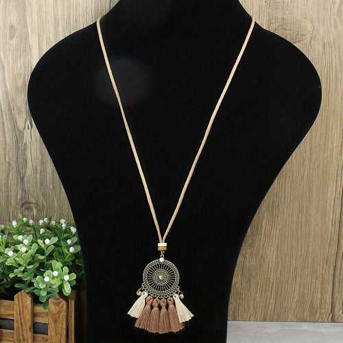 Ensemble de 3 colliers pendentifs de mode féminine de style ethnique avec pendentif à pompon floral, en alliage de zinc émaillé bronze avec incrustation de strass en verre, collier vintage SUN N.