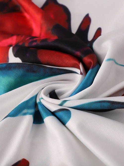 Robe mi-longue à fleurs pour femmes, grande taille, imprimé rouge colorblock, manches courtes - Col rond élégant, tissu en polyester légèrement extensible, parfaite pour toutes les saisons SUN N.