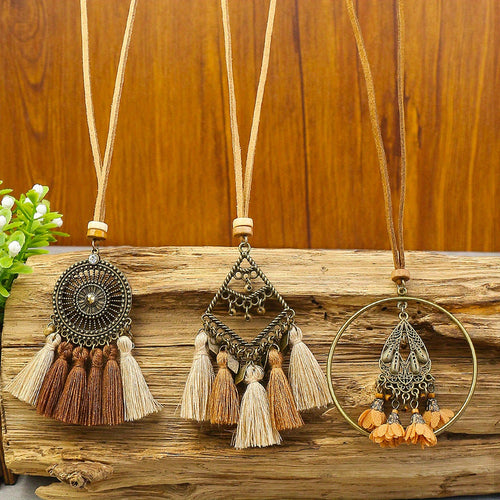 Ensemble de 3 colliers pendentifs de mode féminine de style ethnique avec pendentif à pompon floral, en alliage de zinc émaillé bronze avec incrustation de strass en verre, collier vintage SUN N.