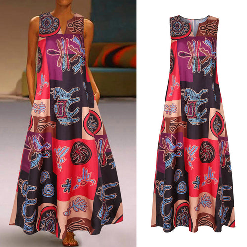 European and American AliExpress Women's V-neck Sleeveless Pocket Summer Retro Printed Color Block Stitching Sleeveless dress 9632C SUN N.