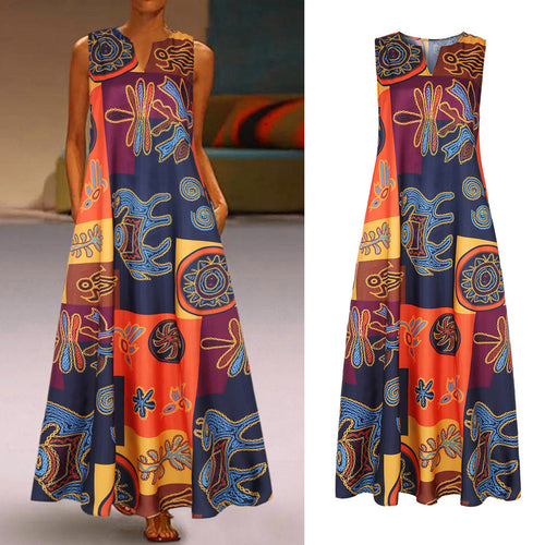 European and American AliExpress Women's V-neck Sleeveless Pocket Summer Retro Printed Color Block Stitching Sleeveless dress 9632C SUN N.