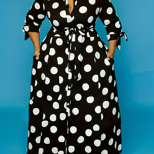 plus size polka dot maxi dress with belt button collar elegant