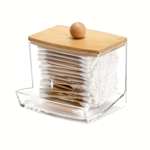 Porte-coton-tiges en acrylique transparent 7oz avec couvercle en bois - Organisateur salle de bain élégant