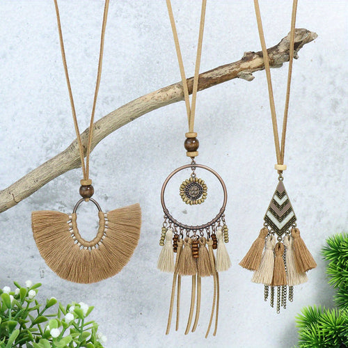 Ensemble de 3 colliers pendentifs de mode féminine de style ethnique avec pendentif à pompon floral, en alliage de zinc émaillé bronze avec incrustation de strass en verre, collier vintage SUN N.