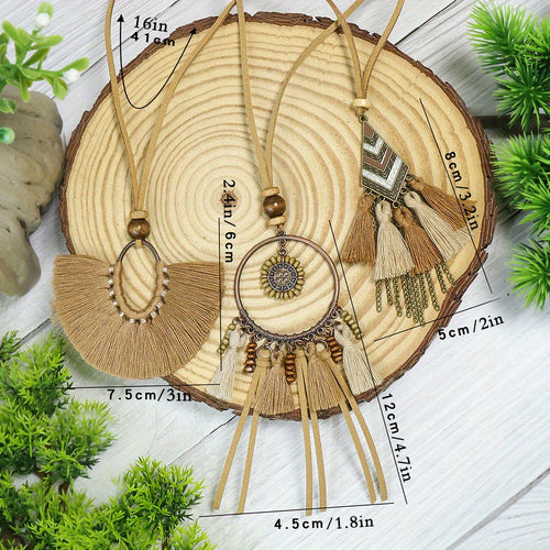 Ensemble de 3 colliers pendentifs de mode féminine de style ethnique avec pendentif à pompon floral, en alliage de zinc émaillé bronze avec incrustation de strass en verre, collier vintage SUN N.