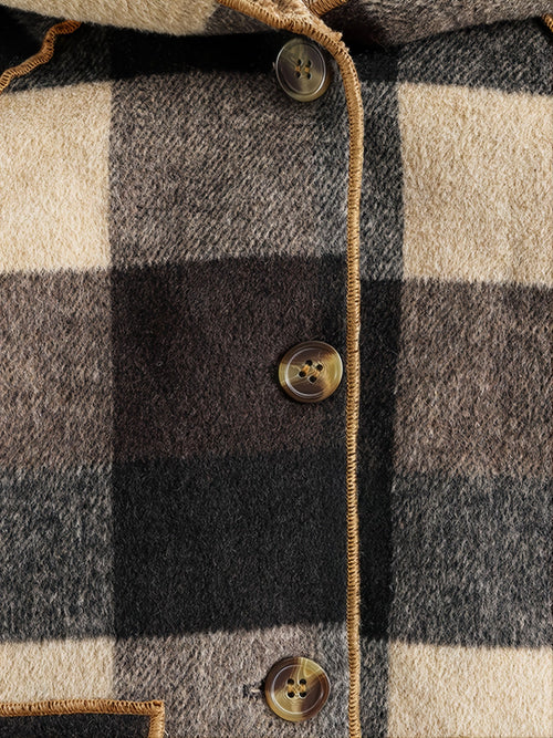 Veste à carreaux doublée polaire pour garçons - Automne/Hiver, motif tartan marron, col cardigan SUN N.