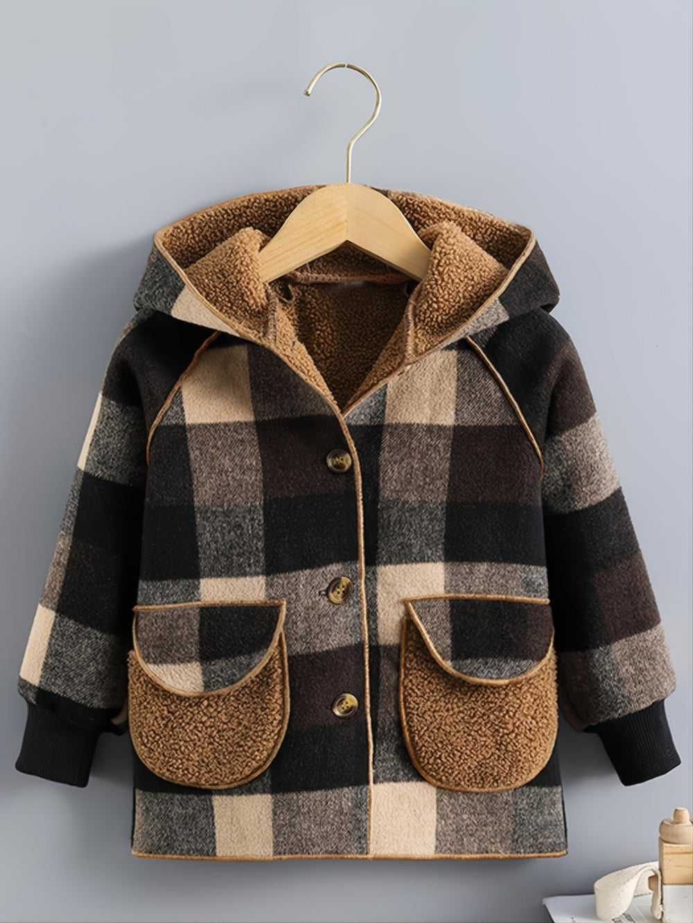 Veste à carreaux doublée polaire pour garçons - Automne/Hiver, motif tartan marron, col cardigan SUN N.
