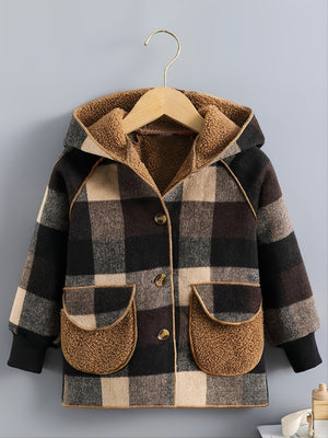 Veste à carreaux doublée polaire pour garçons - Automne/Hiver, motif tartan marron, col cardigan SUN N.