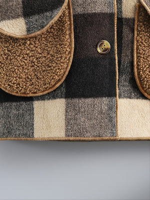 Veste à carreaux doublée polaire pour garçons - Automne/Hiver, motif tartan marron, col cardigan SUN N.