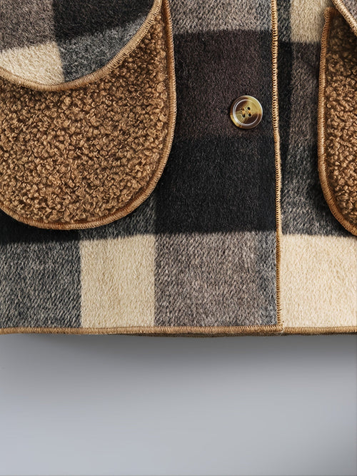 Veste à carreaux doublée polaire pour garçons - Automne/Hiver, motif tartan marron, col cardigan SUN N.