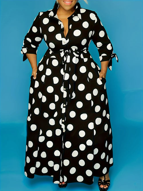 plus size polka dot maxi dress with belt button collar elegant