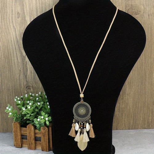 Ensemble de 3 colliers pendentifs de mode féminine de style ethnique avec pendentif à pompon floral, en alliage de zinc émaillé bronze avec incrustation de strass en verre, collier vintage SUN N.