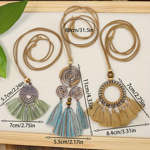 Ensemble de 3 colliers pendentifs de mode féminine de style ethnique avec pendentif à pompon floral, en alliage de zinc émaillé bronze avec incrustation de strass en verre, collier vintage SUN N.