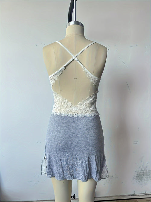 Peignoir à col en V avec dentelle pour femmes - Motifs géométriques bleu marine, tissu doux printemps/automne SUN N.