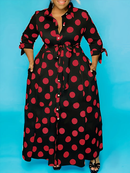 plus size polka dot maxi dress with belt button collar elegant