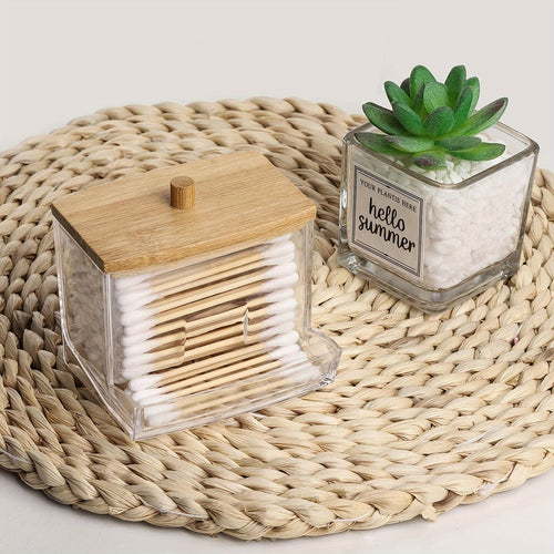 Porte-coton-tiges en acrylique transparent 7oz avec couvercle en bois - Organisateur salle de bain élégant