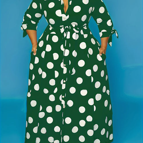 plus size polka dot maxi dress with belt button collar elegant