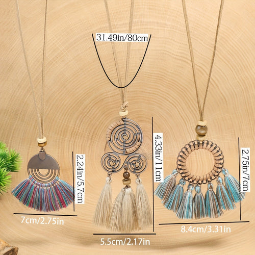 Ensemble de 3 colliers pendentifs de mode féminine de style ethnique avec pendentif à pompon floral, en alliage de zinc émaillé bronze avec incrustation de strass en verre, collier vintage SUN N.