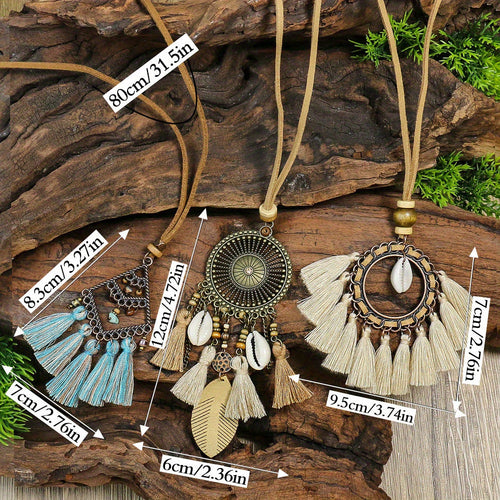 Ensemble de 3 colliers pendentifs de mode féminine de style ethnique avec pendentif à pompon floral, en alliage de zinc émaillé bronze avec incrustation de strass en verre, collier vintage SUN N.