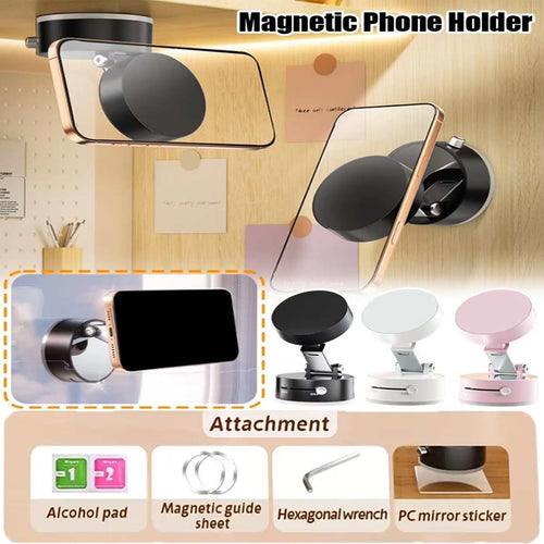 Support de téléphone magnétique pliable avec ventouse, fixation de voiture à aspiration électrique à 360°, support pivotant double face pour voiture, miroir, salle de sport, cuisine, support de téléphone portable mains libres (rose) SUN N.