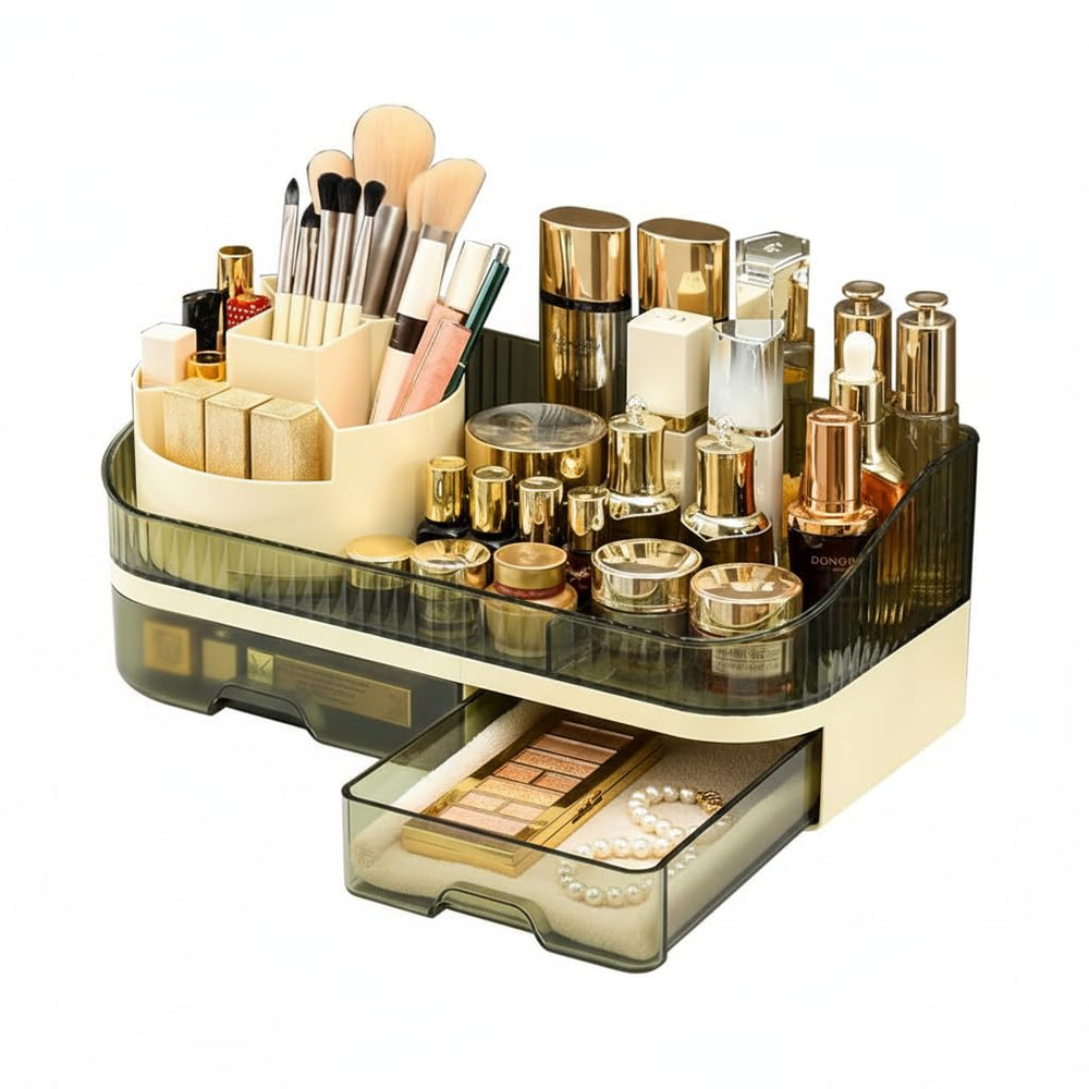 Makeup Organizer with Dual Drawers - Large Capacity Countertop Cosmetic Storage for Skincare Vanity Bathroom SUN N.