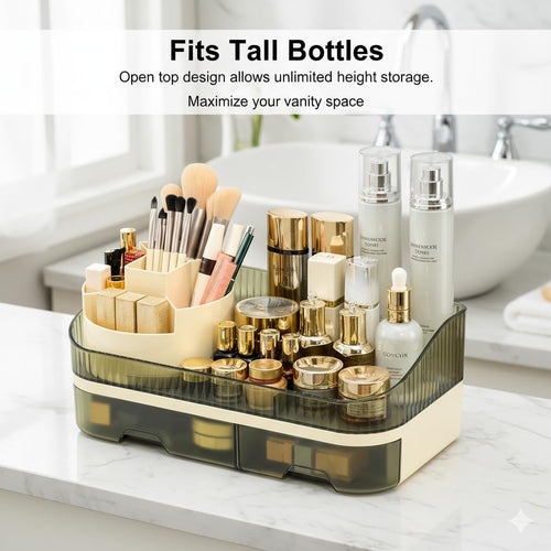 Makeup Organizer with Dual Drawers - Large Capacity Countertop Cosmetic Storage for Skincare Vanity Bathroom SUN N.