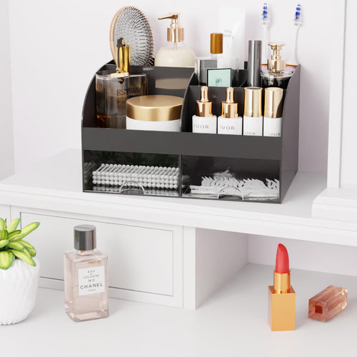 Organisateur de maquillage avec tiroirs, rangement cosmétique pour commode, coiffeuse et plan de travail de salle de bain, porte-beauté pour rouge à lèvres et pinceaux, organisateur de soins pour coiffeuse, vitrine cosmétique (blanc) SUN N.