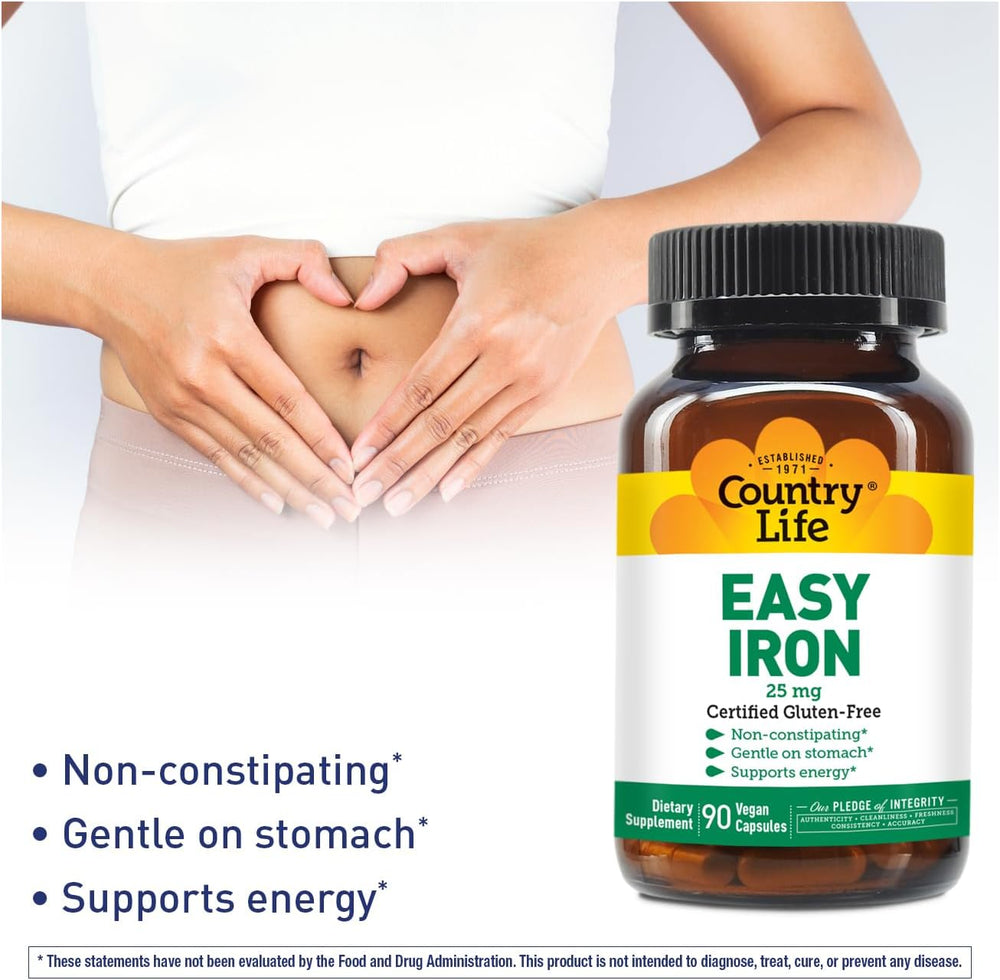 Country Life Easy Iron 25 mg Capsules - Ferchel Doux Non Constipant - Complément Vitaminé Végétalien pour Femmes et Hommes - Soutient l'Énergie du Corps SUN N.