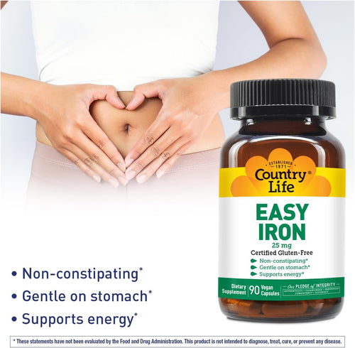 Country Life Easy Iron 25 mg Capsules - Ferchel Doux Non Constipant - Complément Vitaminé Végétalien pour Femmes et Hommes - Soutient l'Énergie du Corps SUN N.