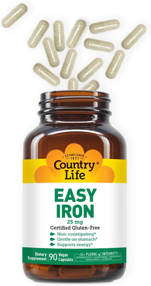 Country Life Easy Iron 25 mg Capsules - Ferchel Doux Non Constipant - Complément Vitaminé Végétalien pour Femmes et Hommes - Soutient l'Énergie du Corps SUN N.