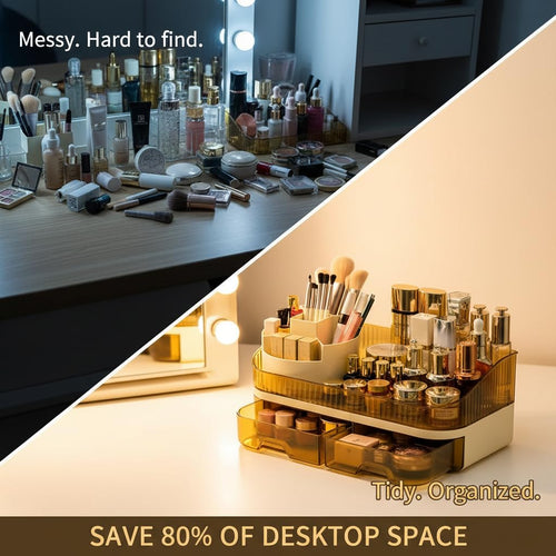 Makeup Organizer with Dual Drawers - Large Capacity Countertop Cosmetic Storage for Skincare Vanity Bathroom SUN N.