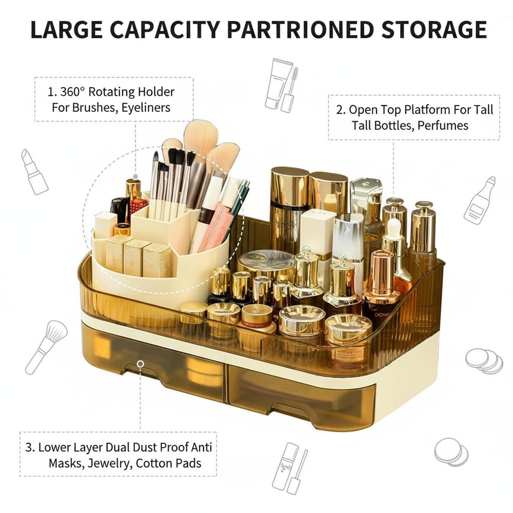 Makeup Organizer with Dual Drawers - Large Capacity Countertop Cosmetic Storage for Skincare Vanity Bathroom SUN N.