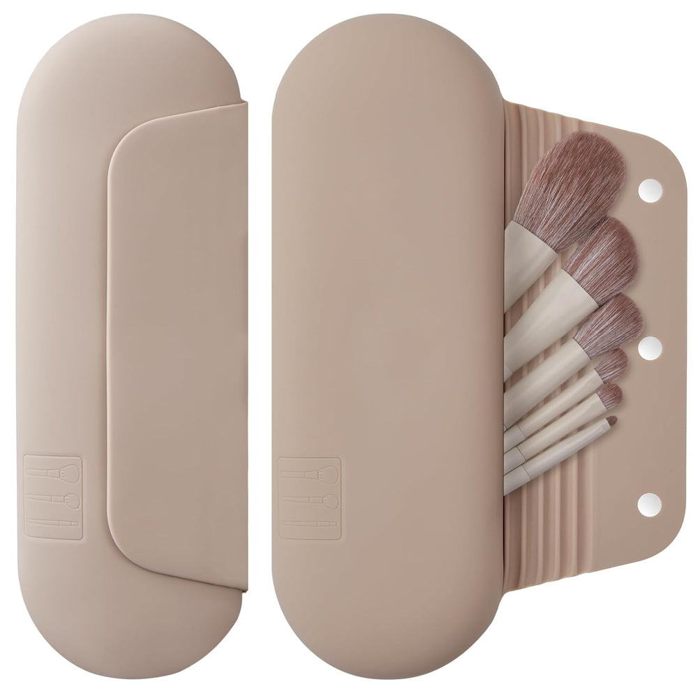 Porte-pinceaux de maquillage en silicone Sac cosmétique de voyage : Porte-pinceaux de maquillage pour le visage doux et portable avec fermeture magnétique améliorée anti-chute, grande trousse de pinceaux de maquillage de voyage - Noyer SUN N.