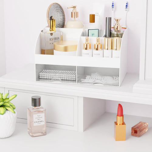Organisateur de maquillage avec tiroirs, rangement cosmétique pour commode, coiffeuse et plan de travail de salle de bain, porte-beauté pour rouge à lèvres et pinceaux, organisateur de soins pour coiffeuse, vitrine cosmétique (blanc) SUN N.