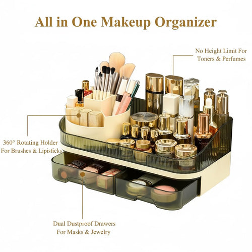 Makeup Organizer with Dual Drawers - Large Capacity Countertop Cosmetic Storage for Skincare Vanity Bathroom SUN N.
