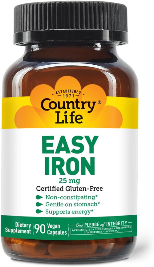 Country Life Easy Iron 25 mg Capsules - Ferchel Doux Non Constipant - Complément Vitaminé Végétalien pour Femmes et Hommes - Soutient l'Énergie du Corps SUN N.