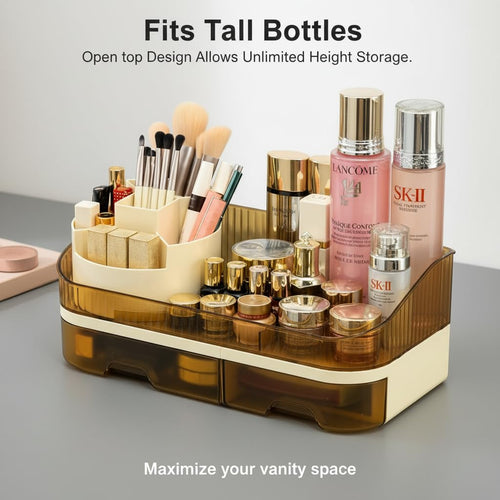 Makeup Organizer with Dual Drawers - Large Capacity Countertop Cosmetic Storage for Skincare Vanity Bathroom SUN N.