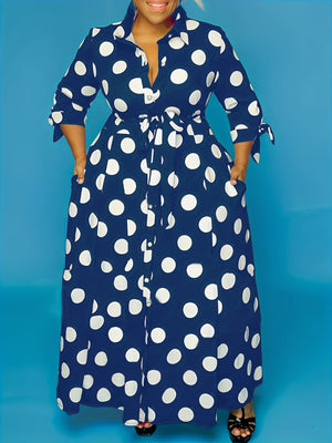 plus size polka dot maxi dress with belt button collar elegant