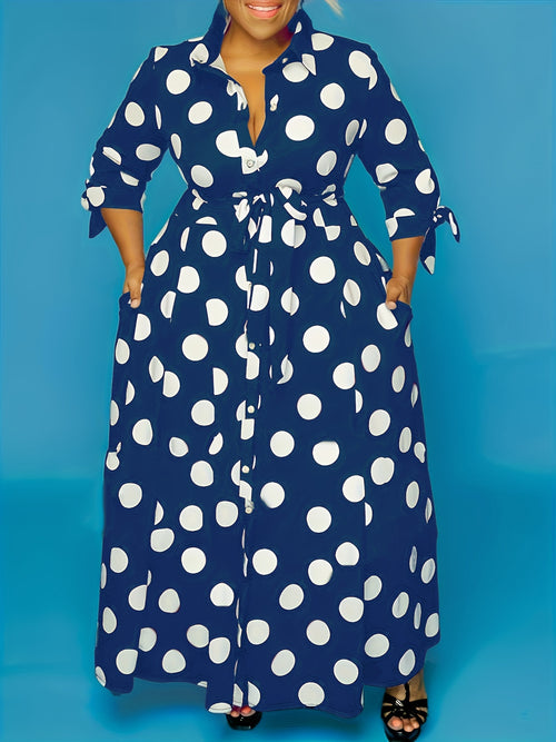 plus size polka dot maxi dress with belt button collar elegant