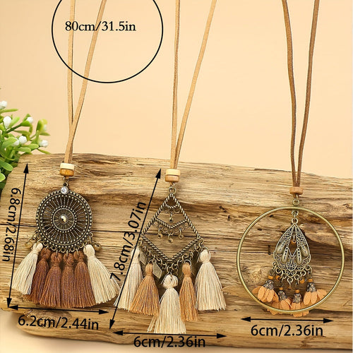 Ensemble de 3 colliers pendentifs de mode féminine de style ethnique avec pendentif à pompon floral, en alliage de zinc émaillé bronze avec incrustation de strass en verre, collier vintage SUN N.