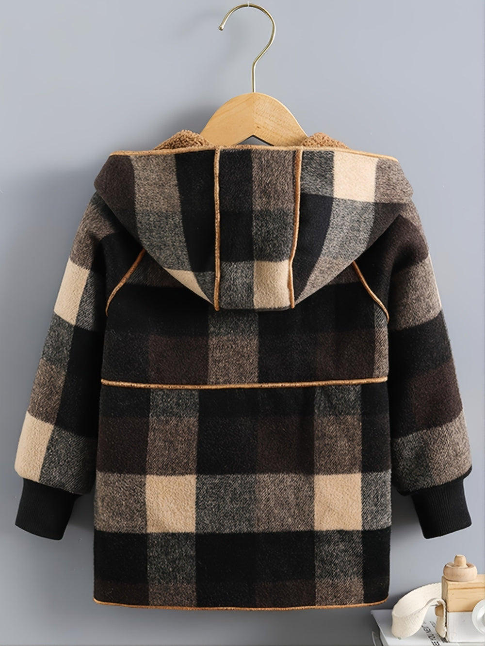 Veste à carreaux doublée polaire pour garçons - Automne/Hiver, motif tartan marron, col cardigan SUN N.