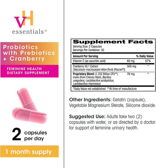 vH Essentials Probiotiques pour Femmes avec Prébiotiques, Canneberge et Vitamine C - 60 Gélules (Approvisionnement de 30 Jours) - Probiotiques pour Femmes pour Soutenir l'Équilibre Intestinal, la Santé Féminine et la Santé des Voies Urinaires pour Femmes SUN N.