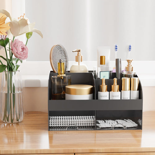 Organisateur de maquillage avec tiroirs, rangement cosmétique pour commode, coiffeuse et plan de travail de salle de bain, porte-beauté pour rouge à lèvres et pinceaux, organisateur de soins pour coiffeuse, vitrine cosmétique (blanc) SUN N.