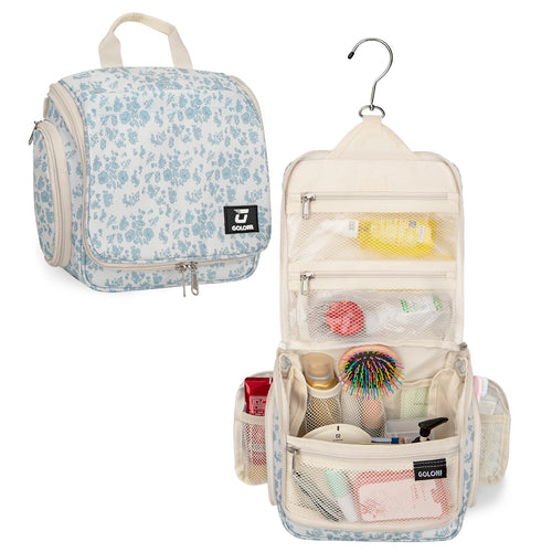 Sac de toilette suspendu Goloni avec crochet, grand sac à maquillage organisateur de voyage, sac cosmétique suspendu résistant à l'eau avec 10 compartiments pour femmes et hommes, rouge SUN N.