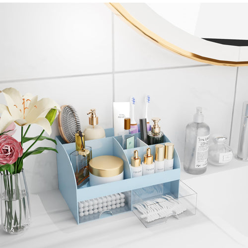 Organisateur de maquillage avec tiroirs, rangement cosmétique pour commode, coiffeuse et plan de travail de salle de bain, porte-beauté pour rouge à lèvres et pinceaux, organisateur de soins pour coiffeuse, vitrine cosmétique (blanc) SUN N.