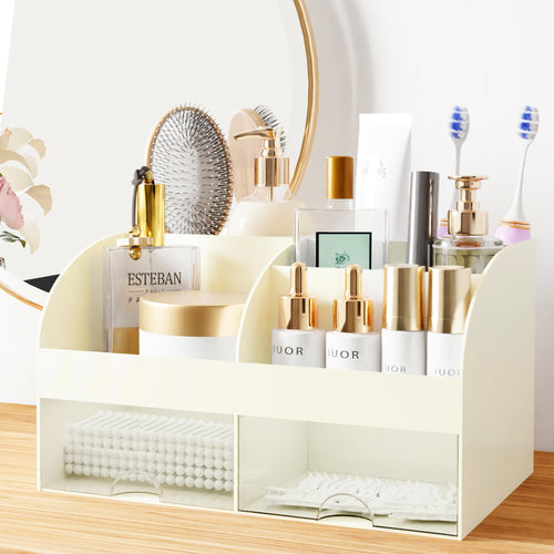 Organisateur de maquillage avec tiroirs, rangement cosmétique pour commode, coiffeuse et plan de travail de salle de bain, porte-beauté pour rouge à lèvres et pinceaux, organisateur de soins pour coiffeuse, vitrine cosmétique (blanc) SUN N.