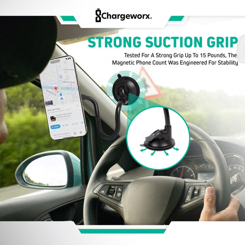 Support de téléphone réglable CHARGEWORX pour pare-brise de voiture, support de téléphone portable avec col de cygne flexible de 14,75", ventouse, pince antidérapante, rotation à 360 degrés pour iPhone et Samsung SUN N.
